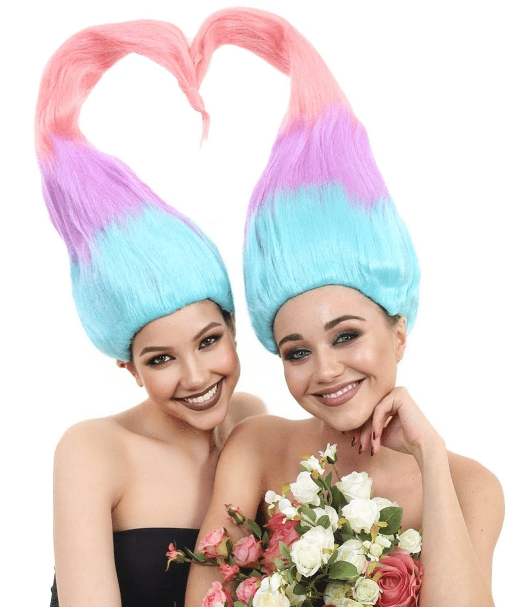 Women's Multicolor Twin Troll Wig for Adult, 60s Retro Rainbow Style Halloween Cosplay Costume