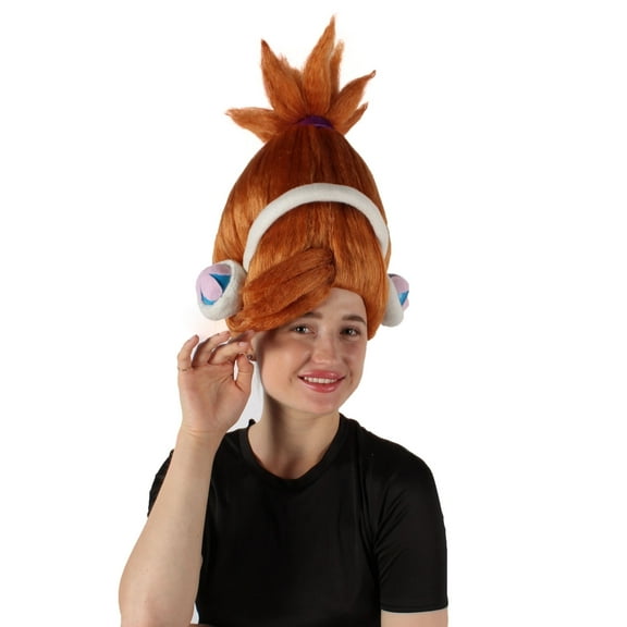 HPO Adult Women's Animated DJ Troll Orange Wig with White Costume Earphones, Synthetic Soft Fiber hair, Perfect for your next Festival and Holiday Party!