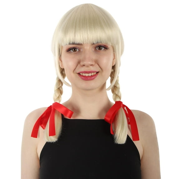 HPO Adult Women's Pigtail Wig Blonde, Evil Doll Wig with Red Ribbons Movie Icon Halloween & Cosplay