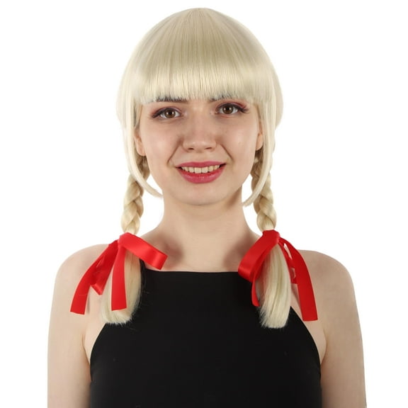HPO Adult Women's Pigtail Wig Blonde, Evil Doll Wig with Red Ribbons Movie Icon Halloween & Cosplay