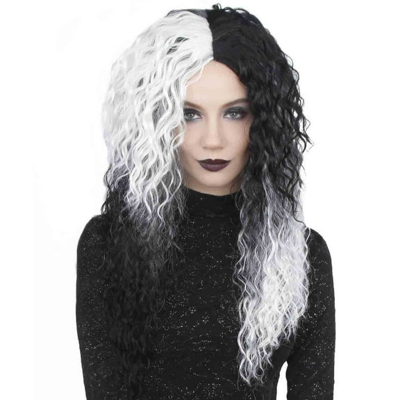 HPO Adult Women's Black and White Color Two Tone Curly Medium Length Trendy Gothic Queen Wig | Premium Breathable Cap| Made of Synthetic Fiber Wig