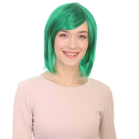 HPO Adult Women's Short Bob Green Wig with Side Bangs, Heat-Resistant Fiber for Halloween & Cosplay