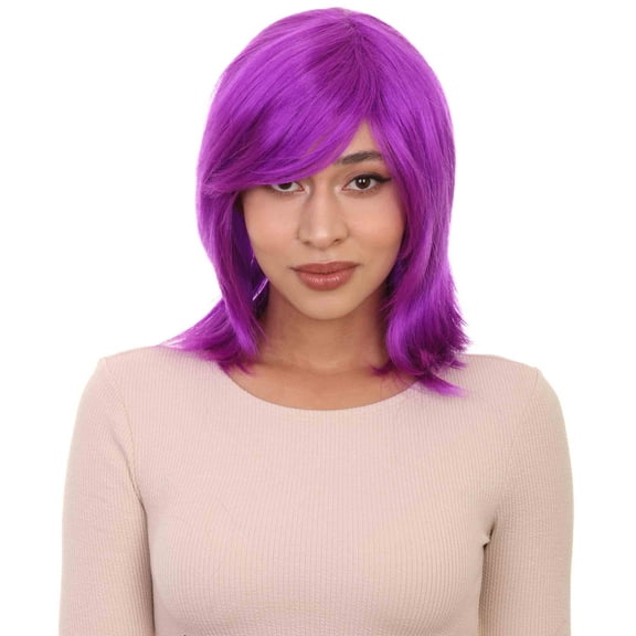 HPO Adult Women's Bob Style Short Wig with Side Bangs | Neon Purple Color Halloween Party Wig | Wefted Cap Design | Heat-Resistant Fiber Wig