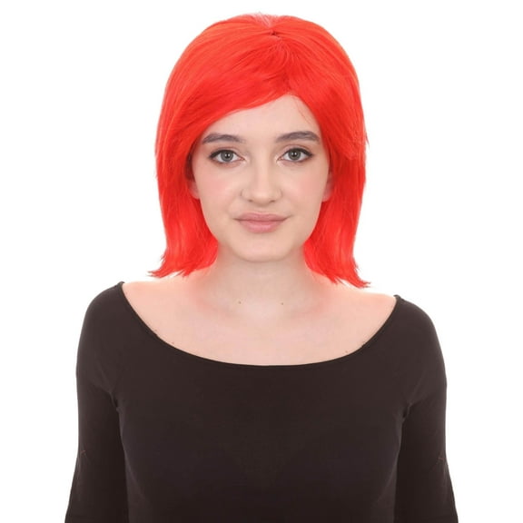 HPO Adult Women's Bob Style Short Wig with Side Bangs | Neon Red Color Halloween Party Wig | Wefted Cap Design | Heat-Resistant Fiber Wig