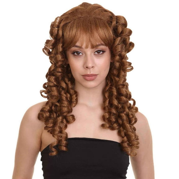 HPO Adult Women's Colonial Lady Curly Brown Wig with Bangs Historical Costume Hairpiece for Halloween & Cosplay
