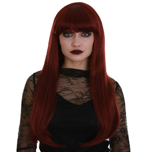 HPO Adult Women's Dark Red Color Straight Long Length Trendy Midnight Lady Wig