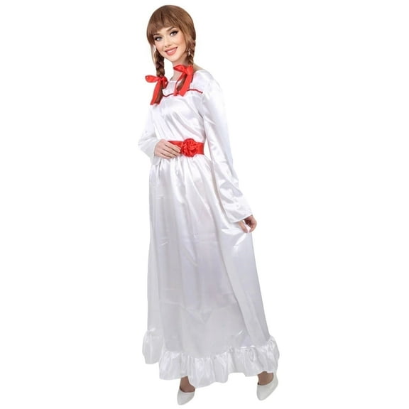 Evil Creepy Doll Costume Long Maxi Dress for Women – Satin Horror Fancy Dress Family Halloween Cosplay