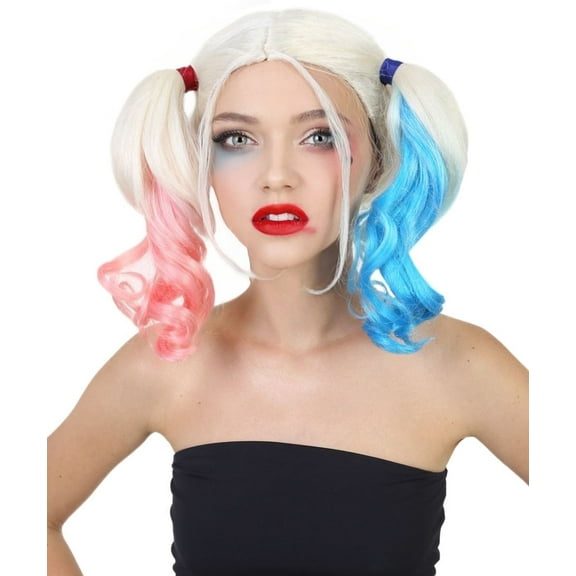 HPO Adult Women’s Multicolor Game Cosplay Wig – Blue, Pink & White Pigtails, Capless Design
