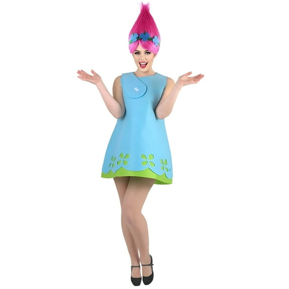 Princess Poppy Trolls Costume for Women – Blue Felt A-Line Dress with Green Eyelet Dress for Halloween Cosplay