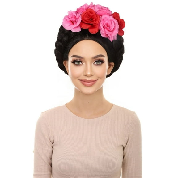 HPO | Adult Women's Mexican Artist Black / Pink Floral Braided Wig | Breathable Capless Cap