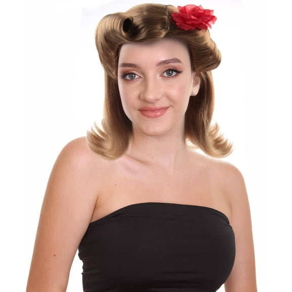 HPO Adult Women's Pin Up Wig With Rose | Party Ready Fancy blonde Cosplay Halloween Wig | Premium Breathable Capless Cap