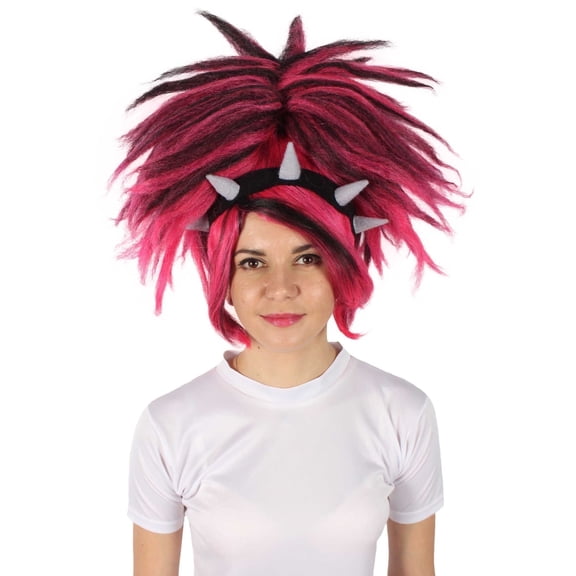 HPO Adult Women's Pink Black Punk Princess Troll Rock Wig with Black Band and Grey Horns, Synthetic Soft Fiber hair, Perfect for your next Festival and Holiday Party!