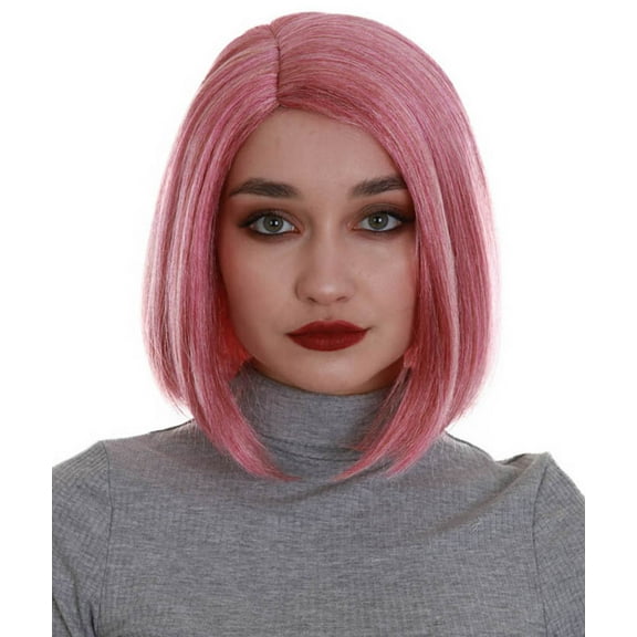 HPO Adult Women's Pink Color Straight Shoulder Length Trendy Introverted Bob Wig, Synthetic Fiber