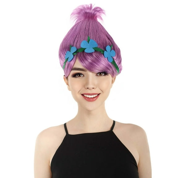 HPO Adult Women's Princess Troll Wig Light Blue Pointy Cosplay Hair with Flower Crown for Halloween & Party