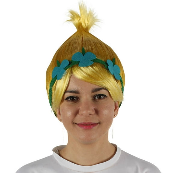 HPO Adult Women's Princess Troll Wig Light Yellow Pointy Cosplay Hair with Flower Crown for Halloween & Party