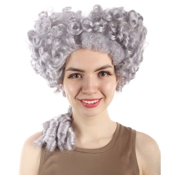 HPO Adult Women's Queen Charlotte Curly Grey Wig | Premium Breathable Capless Cap Design | Perfect for Your next Victorian Baroque Ball or Halloween Costume!