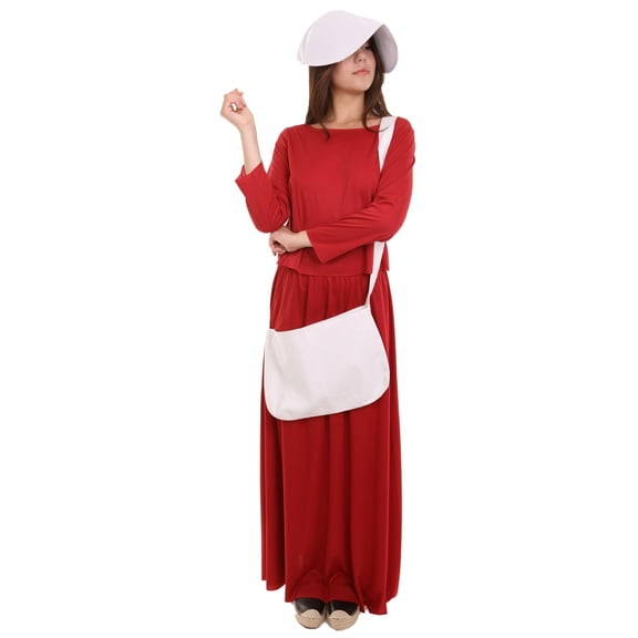 HPO Women’s Handmaid Cosplay Costume – Red Dress with White Bonnet, Synthetic Fabric, XL Size
