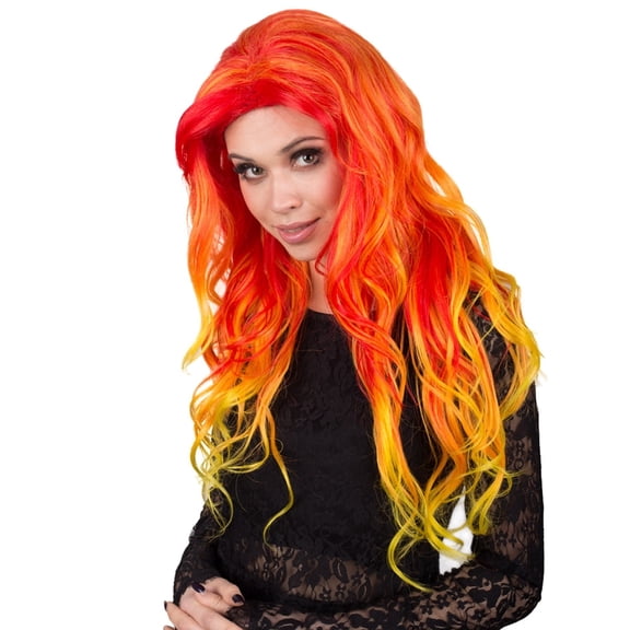 HPO Adult Women's Red and Yellow Color Wavy Long Length Trendy Flaming Beauty Wig