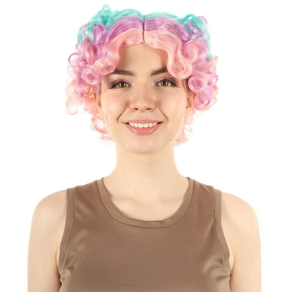 HPO Adult Womens Short Curly Colorful Celebrity Wig, Mixed Pink Color, Cosplay Halloween Costume Party, Synthetic Fiber