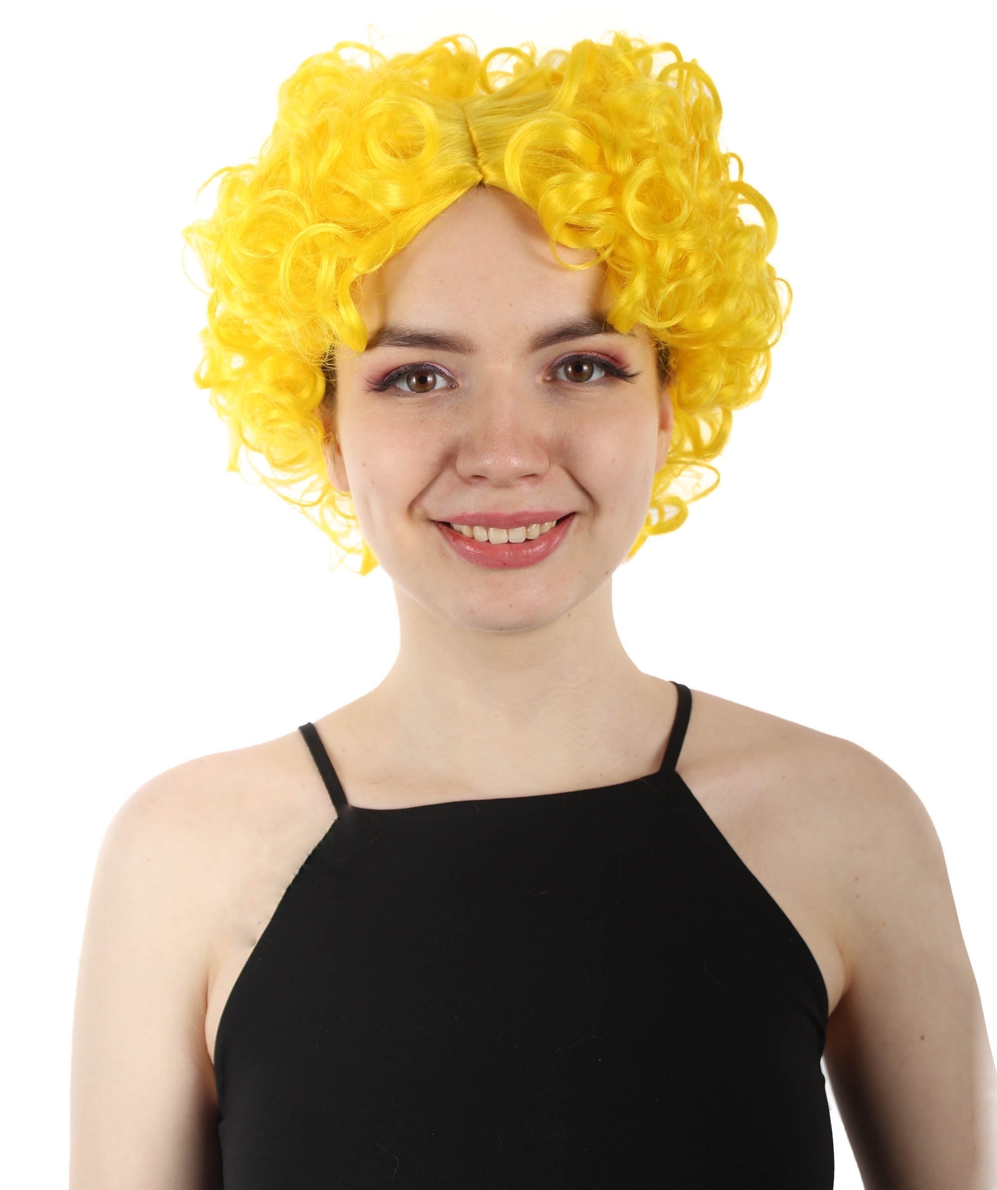 HPO Adult Women’s Short Curly Colorful Celebrity Wig, Yellow Color , Best Halloween Costume Party, Synthetic Fiber