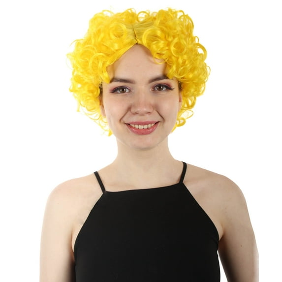 HPO Adult Women’s Short Curly Colorful Celebrity Wig, Yellow Color , Best Halloween Costume Party, Synthetic Fiber