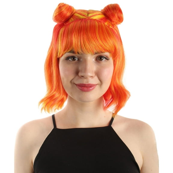 HPO Adult Women's Short Double Bun Space Galaxy Wig, Orange Ombre Bachelorette Party, and Group Costume Hair | Made of Synthetic Fiber