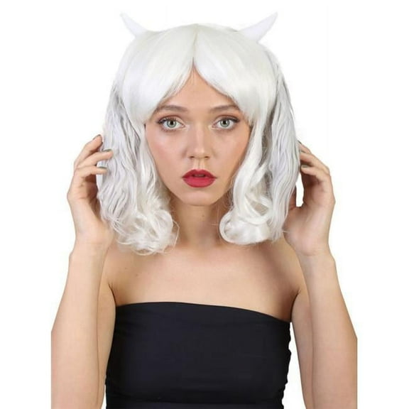 HPO Adult Undertale Asriel Women Cosplay Party Costume White Curly Wig with Horns, Flame-retardant Synthetic Fiber