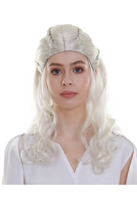 Adult Women's Snow White Color Wavy Medium Length Pinned Up Trendy Wig, Synthetic Fiber