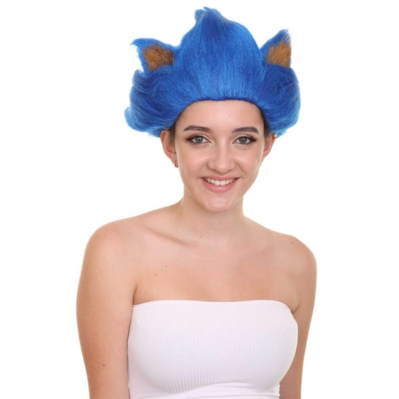 HPO Adult Women's Spiked Blue Cosplay Hedgehog Wig with Ears - Long Blue Hair - Capless Cap Design