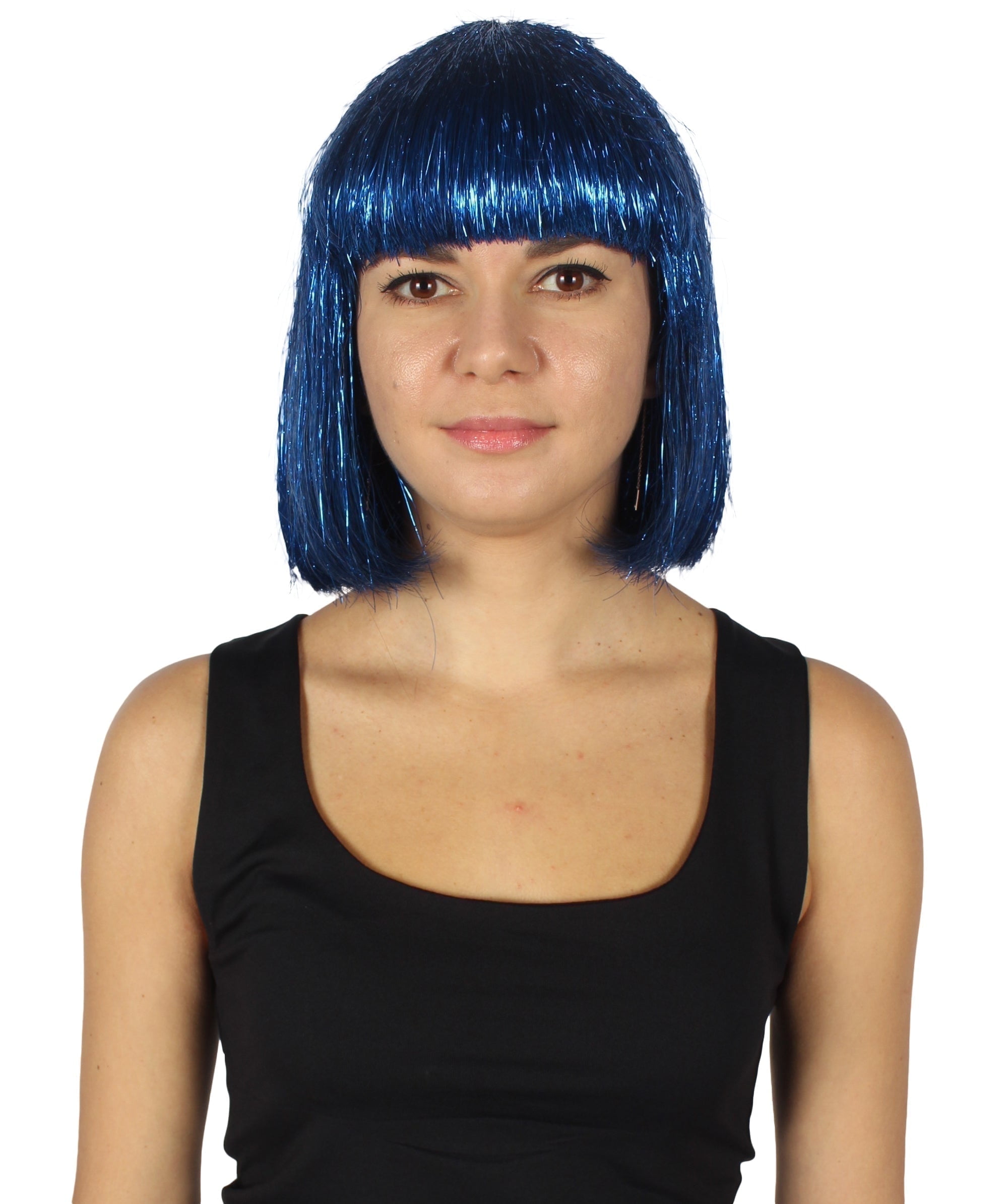 HPO Adult Women's Blue Tinsel Bob Wig - Breathable Capless Costume for Festival & Party