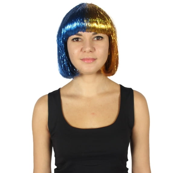 HPO Adult Women's Gold & Blue Tinsel Bob Wig - Breathable Capless Costume for Festival & Party