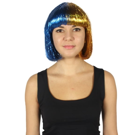 HPO Adult Women's Gold & Blue Tinsel Bob Wig - Breathable Capless Costume for Festival & Party