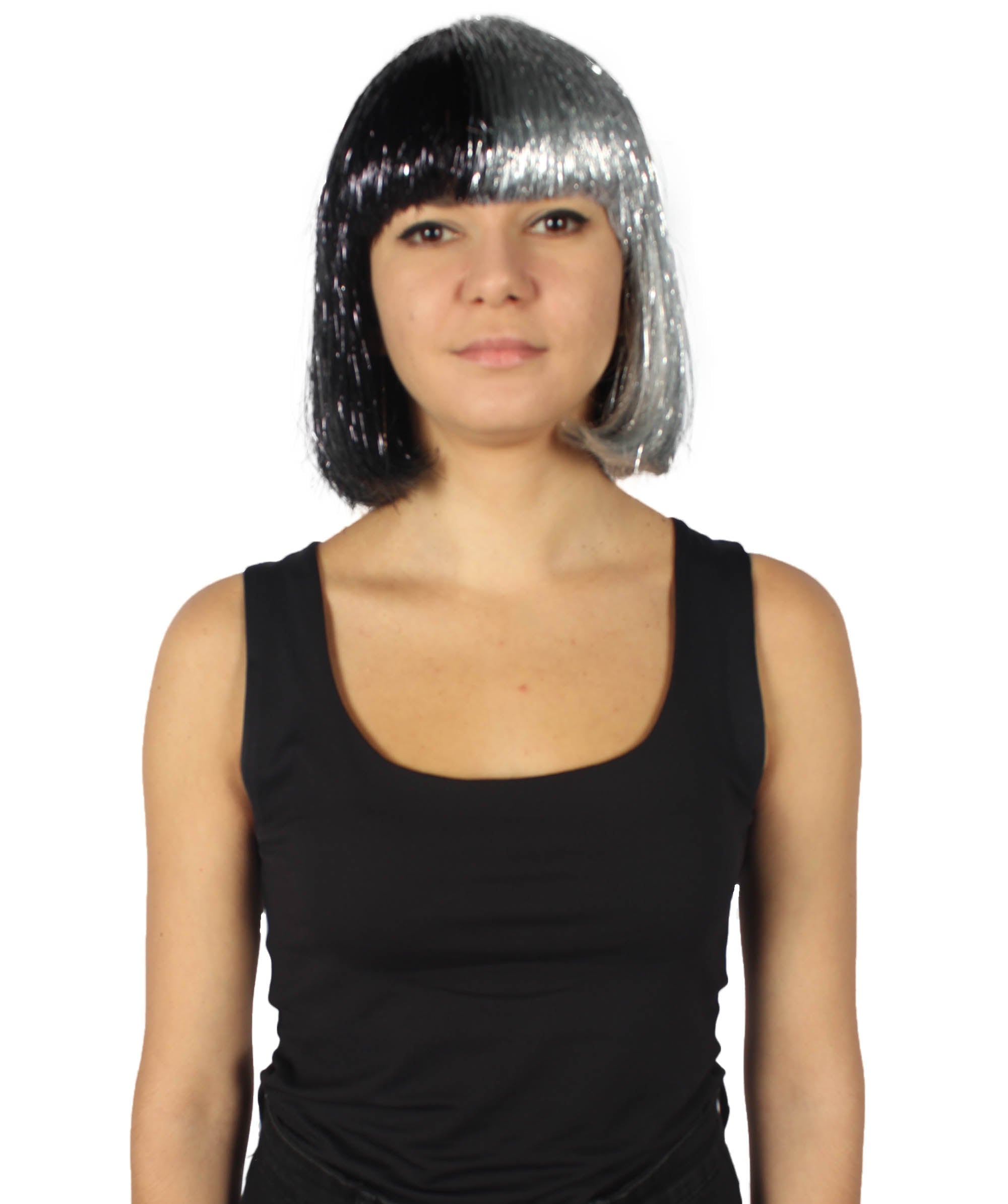 HPO Adult Women's Tinsel Bob Wig Collection Silver & Black Colo