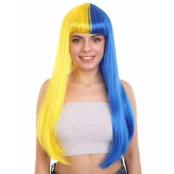 HPO Adult Women's Two-Tone Long Straight Wig | Yellow & Blue Color Collection | Premium Breathable Capless Cap|Made of Synthetic Fiber Wig