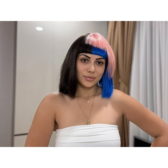 HPO Adult Womens Bob Wig | Black, Pink, & Blue Celebrity Wig | Premium Breathable Capless Cap, Synthetic Fiber