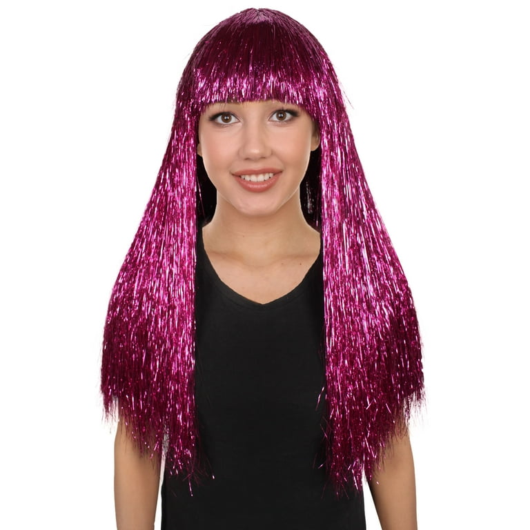 HPO Adult Womens Long Tinsel Wig Collection Party Ready Fancy Cosplay Halloween Wig Premium Breathable Capless Cap