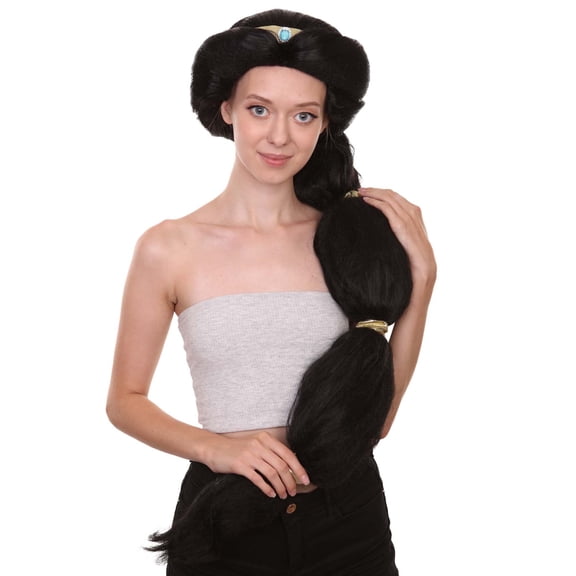 HPO Adult Womens TV Movie Princess Jumbo Wig With Crown Black | Premium Breathable Capless Cap