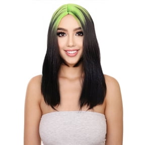HPO Women's 19" inch Lime Green Edgy Icon 80's Mullet, Black Two Tone with Neon Roots Costume Wig, Adjustable Cap