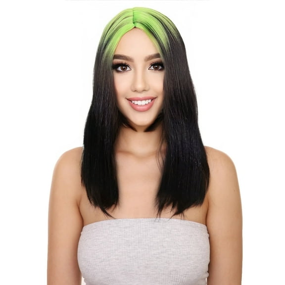 HPO Women's 19" inch Lime Green Edgy Icon 80's Mullet, Black Two Tone with Neon Roots Costume Wig, Adjustable Cap