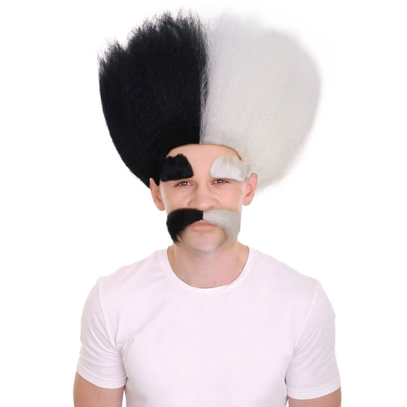 HPO Black White Split Wig with Matching Mustache & Eyebrows, Costume Accessory for Halloween Cosplay