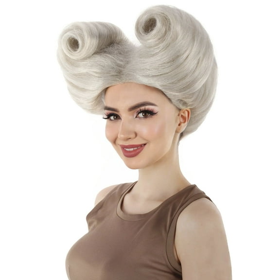 HPO Horned Updo Wig for Women in White Flame-Retardant Synthetic Fiber Hair for Halloween Cosplay and Costume Party