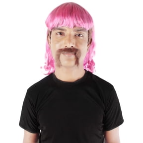 HPO Men’s Pink Curly Mullet Wig with Mustache Retro Synthetic Costume Set Halloween Cosplay