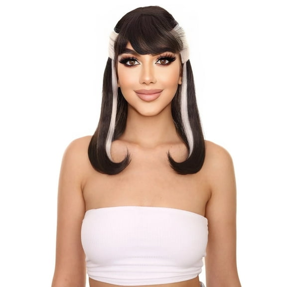 HPO Adult Women's Witch Wig Half-up Black Hair with White Streaks for Halloween Witches Hair & Cosplay Events