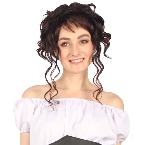 HPO Adult Women's Brown Curly Wig  Shoulder-Length Swept-Up Style for Halloween & Cosplay Events