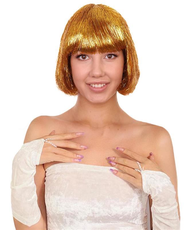 HPO Adult Women's Gold Tinsel Bob Wig | Breathable Capless Costume Hair | Festival & Party Wig