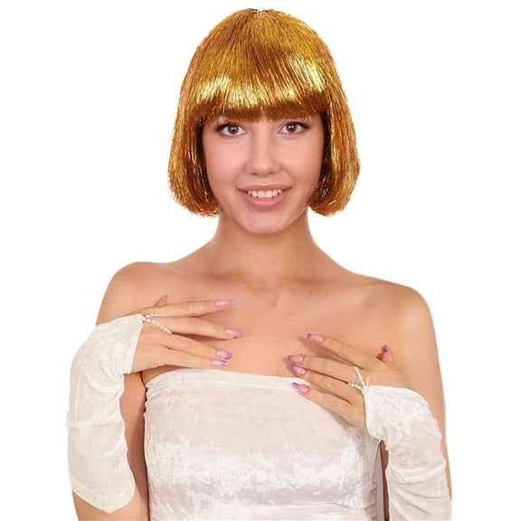 HPO Adult Women's Gold Tinsel Bob Wig | Breathable Capless Costume Hair | Festival & Party Wig