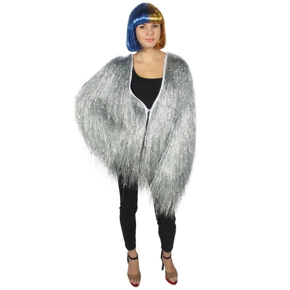 HPO Adult Womens Silver Tinsel Festival Jacket Lightweight Carnival Rave Fancy Dress Costume, Multi Sizes