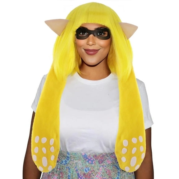 HPO Women  Inkling Wig and Ears with Mask Set Yellow Color Breathable Capless Designed Wig,