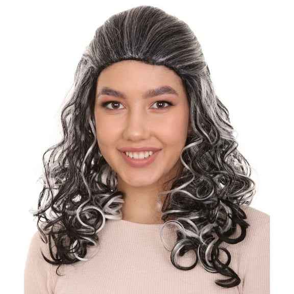 HPO Womens Black & White Wicked Witch Wig  Medium Curly Costume Wig | Heat-Styleable Synthetic Fiber with Breathable Capless Design for Halloween & Cosplay