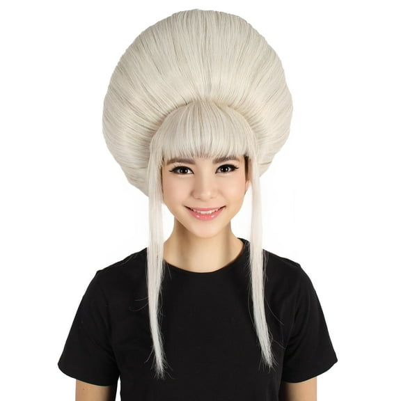 HPO Women's Large Updo Style White Color Wig with Bangs, Flame-Retardant Synthetic Fiber Wig